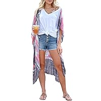Chunoy Women's Long Sleeve Lightweight Striped Kimono Loose Cardigan Casual Beach Wear Outfit Cover Up