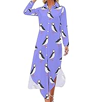 Puffin Print Shirt Dresses for Women Elegant Button Down Front Long Sleeve Maxi Dress