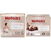 Bundle of Huggies Size 5 Diapers, Skin Essentials Baby Diapers, Size 5 (27+ lbs), 120 Count (2 Packs of 60) + Huggies Skin Essentials Baby Wipes, 99% Water, 6 Flip Top Packs (336 Wipes Total)