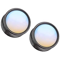 Pierced Owl - Synthetic Opal Center Front-Facing Natural Ebony Wood Saddle Plugs, Sold as Pair