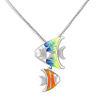 Rhodium Plated Sterlin Silver Hand Painted Enamel Womans AngelFish Charm Necklace 18in