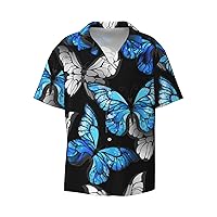 Blue and White Butterfly Men's Summer Short-Sleeved Shirts, Casual Shirts, Loose Fit with Pockets