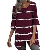Workout Tops for Women 3/4 Quarter Sleeve Shirt Blouse Striped Stone Print Tee Tunic Asymmetric Fall Summer Cloth