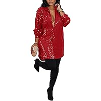 Women's Sequin Button Down Shirt Dress Long Sleeve Loose Fit Blouse Top Mini Dress Party Sexy Clubwear