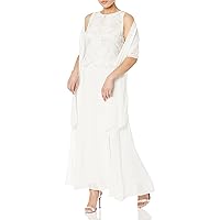 J Kara Women's Petite Sleeveless Scallop Long Beaded Dress with Scarf