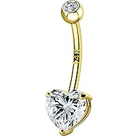 OUFER Gold Belly Button Rings, 14K Solid Gold Internally Threaded Belly Rings, Heart Shaped Belly Button Piercing, Clear CZ Belly Piercing Jewelry, Navel Rings