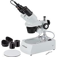 AmScope SE305R-PZ-E Digital Forward-Mounted Binocular Stereo Microscope, WF10x and WF20x Eyepieces, 10X/20X/30X/60X Magnification, 1X and 3X Objectives, Upper and Lower Halogen Lighting, Reversible Black/White Stage Plate, Pillar Stand, 120V, Includes 0.3MP Camera and Software