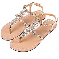 Summer Women Casual T-Strap Sandals Lady Flat Beach Shoes Female Flip Flop Slipper Plus Size Gold 6.5