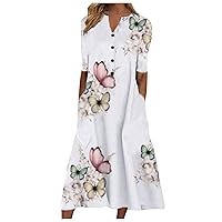 Women's Summer Dresses 2022 Fashion Casual Butterfly Floral Print Midi Dress Casual V Neck Button Pocket Long Dress