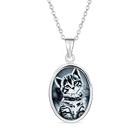 Personalized Custom Engraved Holds Picture Vintage Antique Style Simulated Black White Onyx Sitting Kitten Oval Cat Cameo Photo Locket Pendant Necklace For Women Teen .925 Sterling Silver