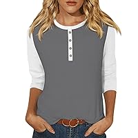 Petite Tops for Women 3/4 Sleeve Casual Colorblock Button Down Crewneck Shirt Fashion Loose Work Blouse