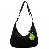 Puffer Hobo Handbag for Women - Y2k Quilted Tote Bag Baggu Half Moon Nylon Cotton Everyday Bag (With Flower Keychain)