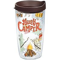 Happy Camper Tumbler with Wrap and Brown Lid 16oz, Clear