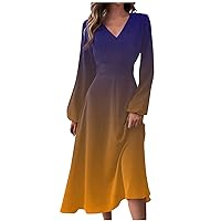 Women's Wedding Guest Dress with Sleeves Autumn and Winter Casual Fashion V-Neck Long Sleeve Gradient Dress, S-2XL