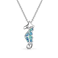 Bling Jewelry Sea Animal Nautical Beach Vacation Inlay Enamel Created Blue Opal Seahorse Dangling Earrings Pendant Necklace For Women Teens .925 Sterling Silver