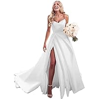 Satin Wedding Dresses for Bride Simple Long A-Line Pleated Strapless Bridal Gowns with Train