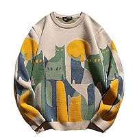 Japanese Harajuku Knitted Sweater Men Man Cartoon Cat Print Pullover Vintage Loose Sweaters Streetwear Autumn