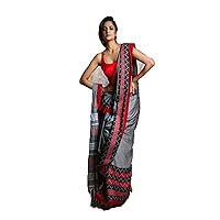 Plain Body Grey with Red Border Sari Formal Indian Cotton Handloom Weaving Bengal Woman Saree Blouse Eid HIT