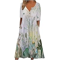 Women's Summer Maxi Dress Casual Crewneck Loose Pockets Long Beach Dress Flower Print Short Sleeve Hawaiian Dresses