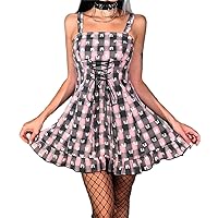 Red Plaid Dress for Women Gothic Vintage Mini Dresses Holiday Outfits Emo Punk