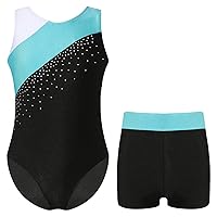 Kids Girls 2Pcs Shiny Ballet Dance Outfits Gymnastic Leotard with Booty Shorts Gym Tracksuit Activewear