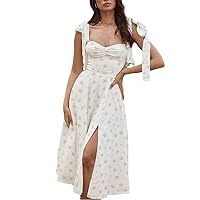 Women Summer Tie Straps Split Midi Dress Wrap Solid Floral Print Sleeveless Ruffle Casual Vintage A Line Beach Dress