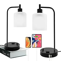 Industrial Table Lamp, Stepless Dimmable Gold Desk Lamp with 2 USB Ports and AC Power Outlet, Frosted GlassShade, Eye-Caring Bedside Nightstand Lamps for Bedroom Living Room (Black-2)