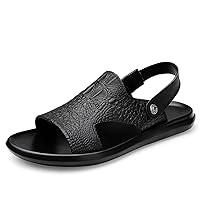 Men's False Crocodile Grain Beach Sandal Genuine Leather Cut Out Opened Toe Dual Use Slipper Flat Non Slip Flexible Solid Color