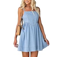 Denim Dress for Women Summer Babydoll Adjustable Strap Mini Dresses Flowy Swing Pleated Cute Short Jean Mini Dress