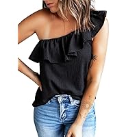 Womens One Shoulder Tops Ruffled Solid Tunic Shirts Sleeveless Loose Tank Top