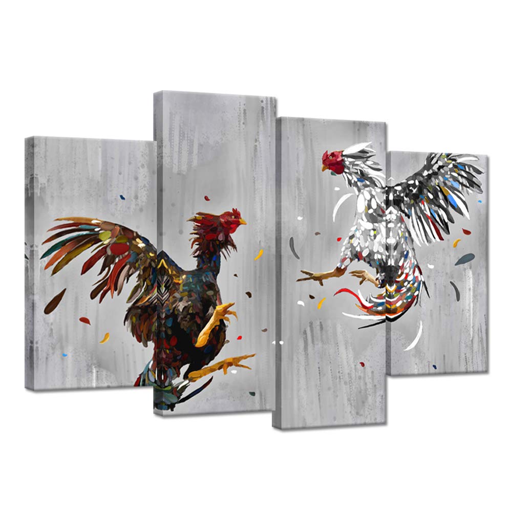 Zlove Farm Animal 4 Panel Canvas Wall Art Cock Fighting Picture Painting Rooster Art Print Rustic Chicken Country Kitchen Home Decor Stretched and ...