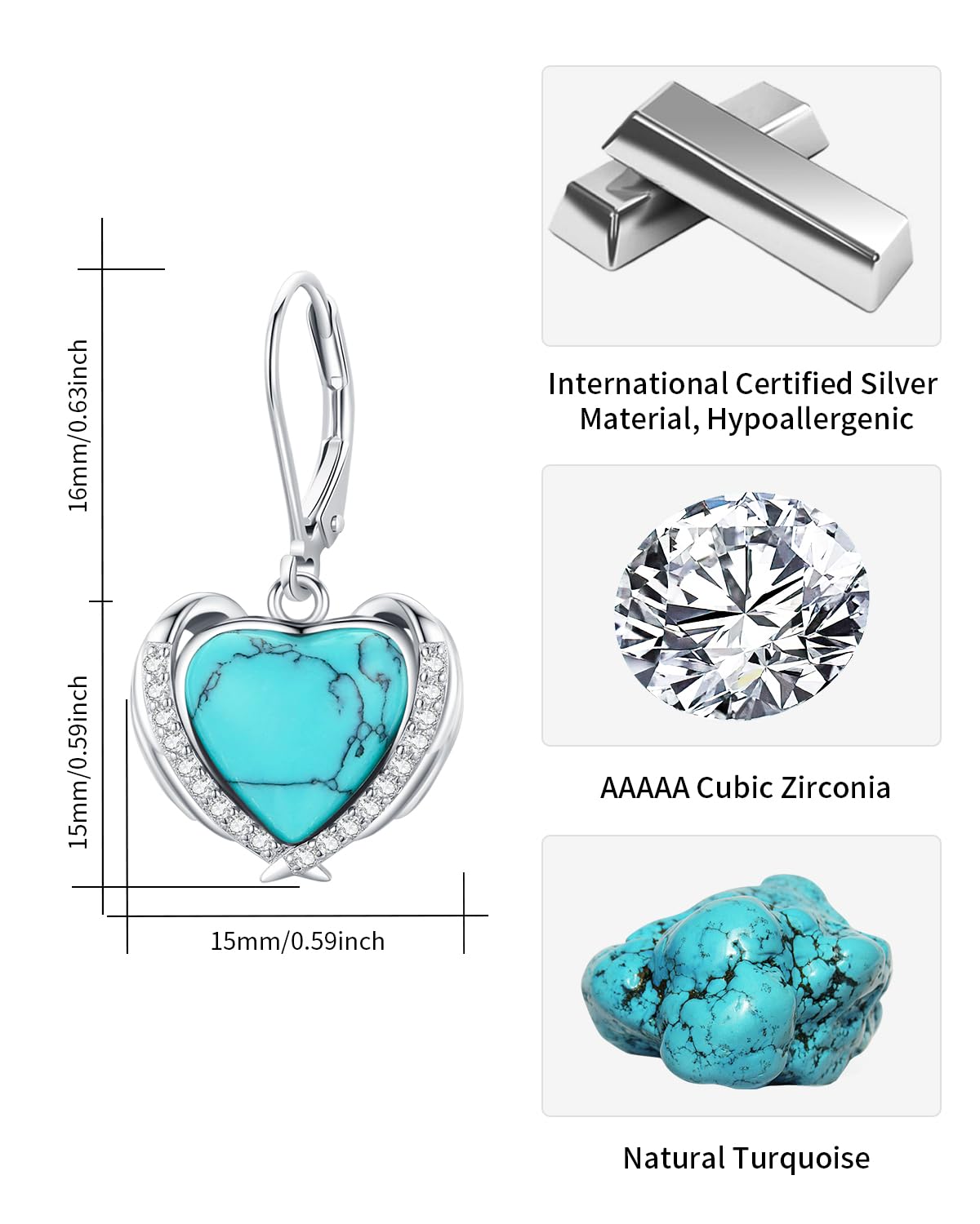 BDL Turquoise Jewelry Set Necklace Earring- Sterling Silver Angel Wing Heart Shape Natural Turquoise with 5A Cubic Zirconia Pendant Necklace for Women,Gifts for Women Wife Moms Grandma