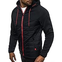 Warm Hoodies For Men Zip Up Hoodies Slim Fit Color Block Quilted Sweatshirts Jacket With Zipper Pockets