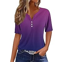 Summer Tops for Women Trendy V Neck Button Down T Shirts Short Sleeve Dressy Blouses Loose Fitting Tunic Tops