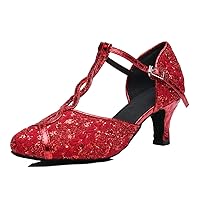 TDA Women's T-strap Mid Heel Comfortable Lace Floral Synthetic Tango Ballroom Salsa Latin Dance wedding Shoes