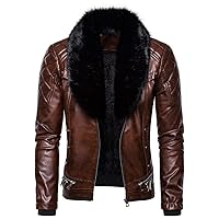 Men's Zipper Removable Fur Collar Jacket,Leather Vintage Steam Pocket Punk Gothic Retro Coat