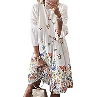 Womens Casual Dresses Linen Floral Tunic Short Sleeve Summer Beach Midi Dress Plus Size
