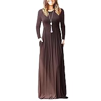 Women's Basic solid color Long Sleeve Slim Long Maxi Casual Crew Neck large swing Dresses with Pockets