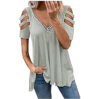 Niceyi Women's Cold Shoulder Casual Tops Short Sleeve Zip Up V Neck Tunic T Shirt Blouse