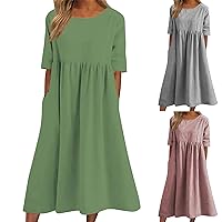 Women Daily Simple Casual Midi Dress O Neck Loose Pleated Comfy Dress Solid Color Elegant Pockets Flowy Swing Dresses