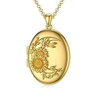 SOULMEET 10K 14K 18K Solid Gold/Plated Gold Oval Locket That Holds Pictures Personalized Oval Sunflower/Starburst/Rose Locket With Solid Gold Chain Gift