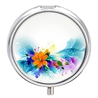 Round Pill Box Floral Flowers Portable Pill Case Medicine Organizer Vitamin Holder Container with 3 Compartments