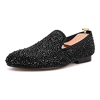 Men's Crystal Suede Genuine Leather Loafer Shoes Slip-on Loafer Round Toes Smoking Slipper