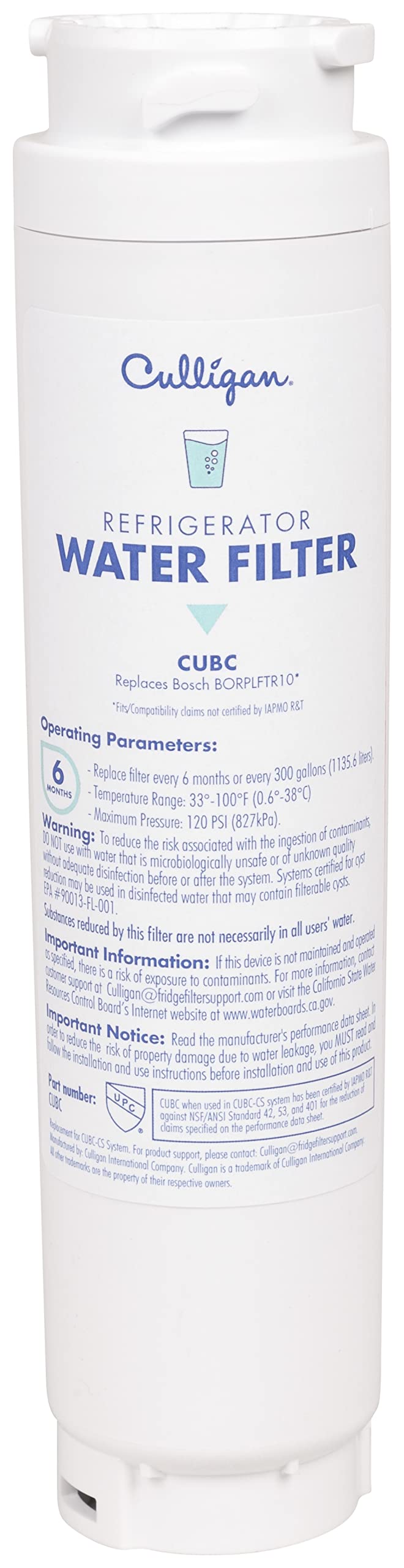 Culligan CUBC Refrigerator Water Filter | Replacement for Bosch Water Filter (BORPLFTR10) | Replace Every 6 Months | Pack of 1