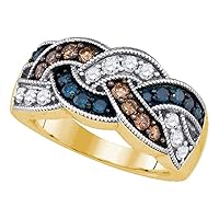 TheDiamondDeal 10kt Yellow Gold Womens Round Brown Blue Color Enhanced Diamond Braided Band Ring 1.00 Cttw