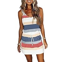 Summer Boho Women Casual Loose Sling Sleeveless Stripe Contrasting Colors Mini Dress Sun Blossoms Strap Dress