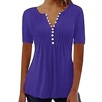 Women's Short Sleeve V Neck Pleated T Shirts Summer Loose Fit Basic Tunic Solid Color Casual Plus Size Top Tees