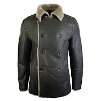 TruClothing.com Mens Real Shearling German Navy Sheepskin Double Breasted Jacket Vintage Brown