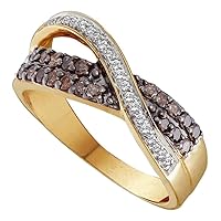 TheDiamondDeal 14kt Yellow Gold Womens Round Brown Diamond Crossover Band Ring 1/2 Cttw
