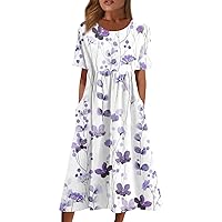 Mother's Day Homewear Short Sleeve Tunic Dress Women Shift Casual Ruffle Crewneck for Womens Printed Soft Purple XL